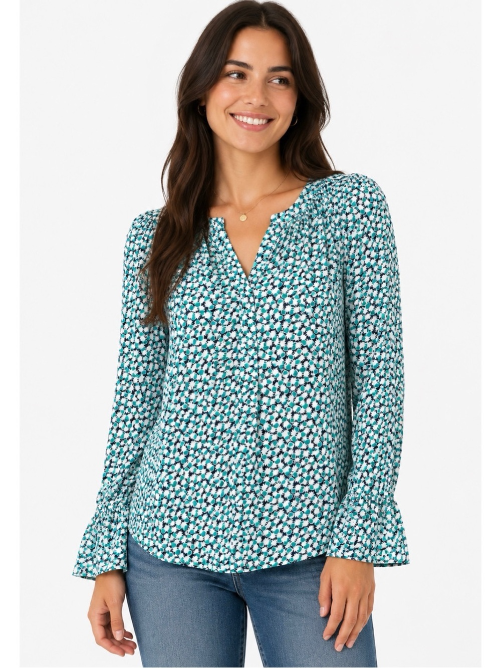 TALBOTS | Floral 100% Washable Silk Notch Neck Long Sleeve Top Teal White Small